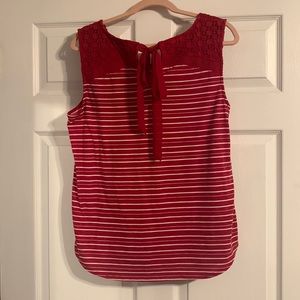 Red/White Striped Lace Sleeveless Blouse W/ Bow